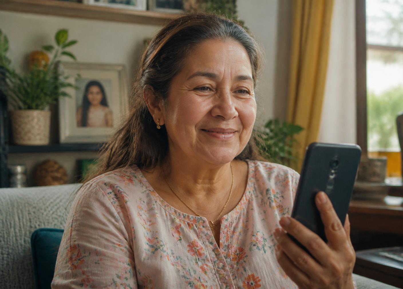 Madre en Colombia sonriendo durante una videollamada